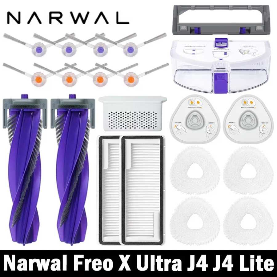 Запасные части для робота-пылесоса Narwal Freo X Ultra / J4 / J4 Lite: основные и боковые щетки, салфетки для влажной уборки, HEPA-фильтры, аксессуары. Запчасти для бытовой техники