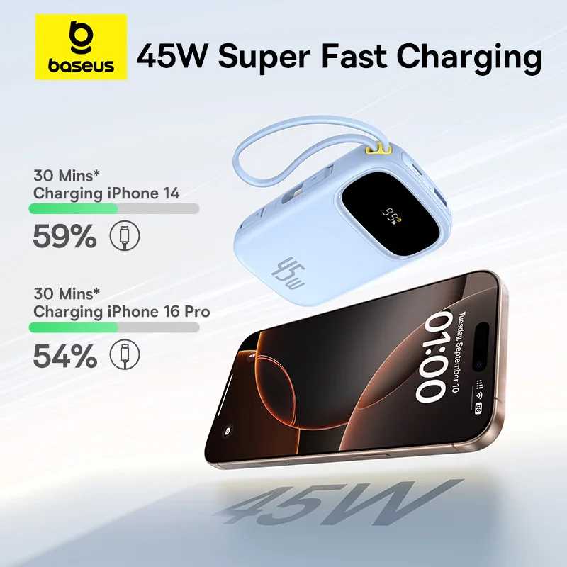 Фотография №2 товара Power Bank Baseus 45 Вт, 20000 мАч, 10000 мАч, встроенный