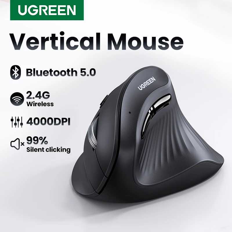 Вертикальная мышь UGREEN, беспроводная Bluetooth5.0 2,4G, эргономичная, 4000 точек на дюйм, 6 кнопок отключения звука для MacBook, планшетов, ноутбуков, компьютерных ПК, мышей Компьютерная периферия