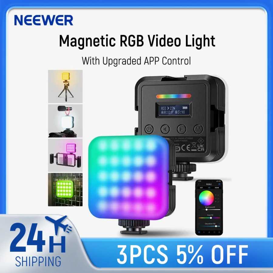 Магнитная RGB-подсветка NEEWER RGB62 с управлением через приложение 360&deg; &deg; Полноцветная светодиодная подсветка для камеры с 3-мя холодными туфлями для фотосъемки Фото- и видеотехника