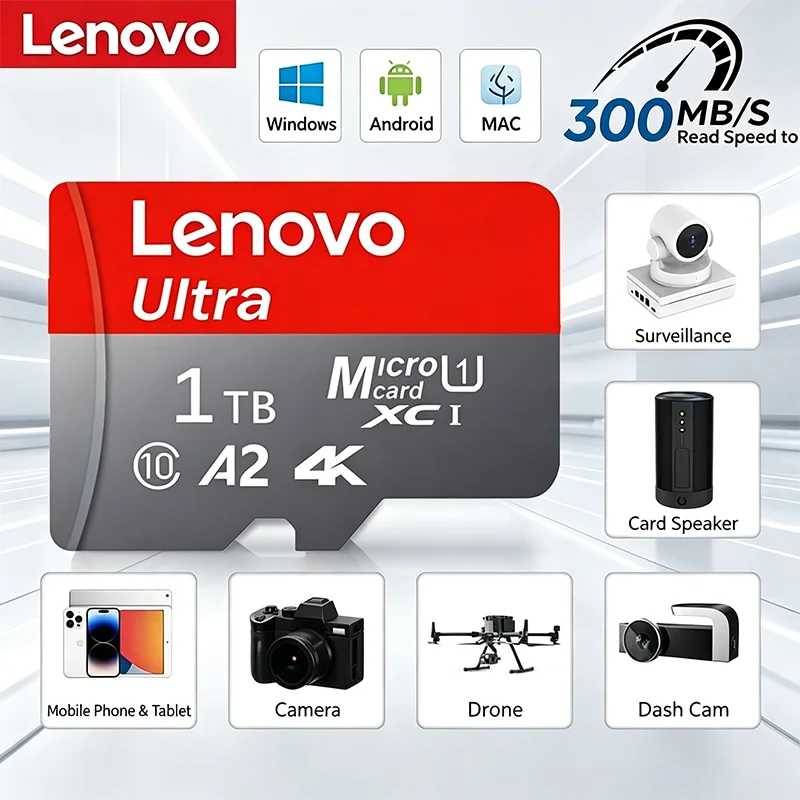 Карта памяти Lenovo 2026 New High Speed Micro SD 1 ТБ 512 ГБ 256 ГБ Class 10 TF Flash для дронов, iPhone, автомобильных камер Умная электроника