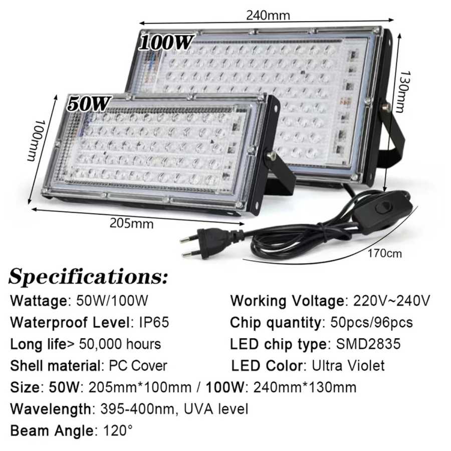 Фотография №1 товара LED ультрафиолетовый прожектор 50w 100w 395 нм ультрафиолетовый штепсель 240v