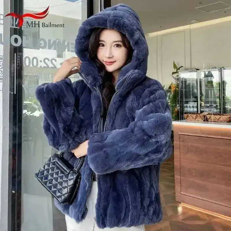 Новая куртка из кроличьего меха, женская шуба из кроличьего меха, натуральная цельная кожа, пальто с капюшоном, модная шуба из кроличьего меха, кавайная одежда, женская одежда Одежда из натурального меха