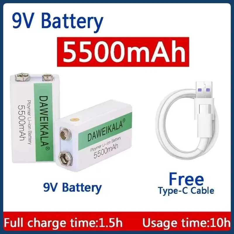 Аккумулятор 9В 5500мАч, литий-ионный, перезаряжаемый, с разъемом Micro USB, литиевый аккумулятор 9В для мультиметра, микрофона, игрушек + USB-кабель для зарядки Аксессуары и запчасти