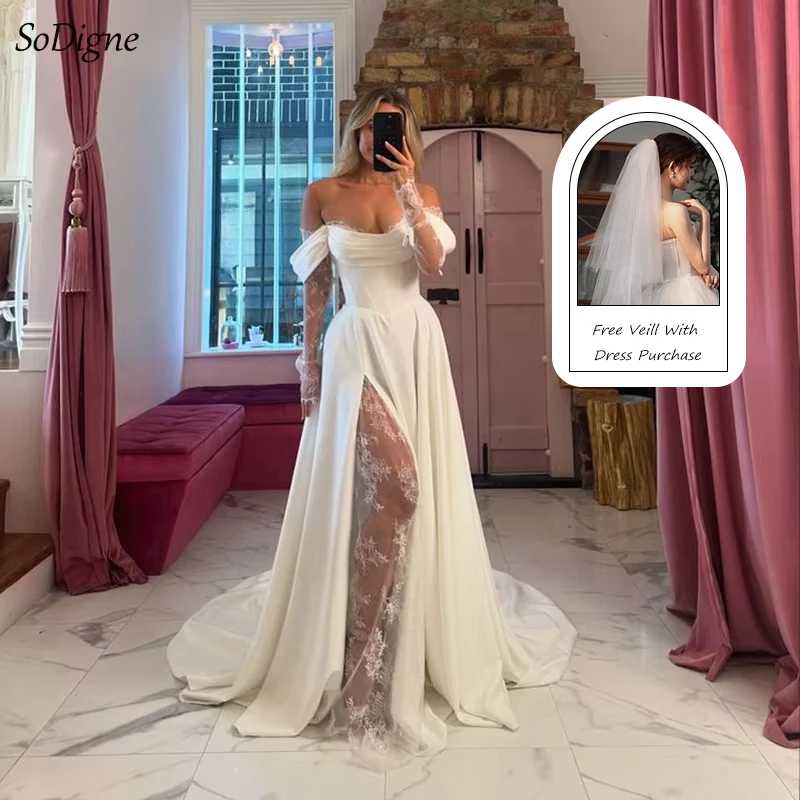 Свадебные платья SoDigne А-силуэта с открытыми плечами и длинными рукавами из атласа/кружева, элегантное свадебное платье, Vestidos De Novia, на заказ Свадебные платья