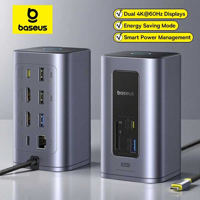 Адаптер Baseus 12-в-1 USB C HUB к HDMI 4K при 60 Гц с двойным дисплеем USB 3.2 и док-станцией RJ45 SD TF PD 100 Вт для концентратора Windows Mac Компьютерная периферия
