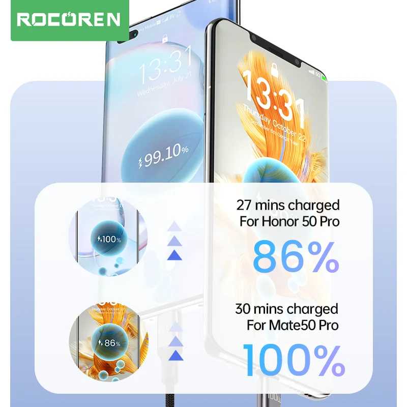 Фотография №3 товара Кабель Rocoren USB Type C 100 Вт, зарядный кабель для