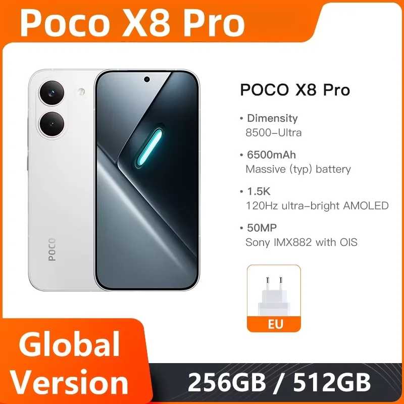 Смартфон Xiaomi POCO X8 Pro Global Version, 6.59-дюймовый AMOLED-дисплей 1.5K 120Гц, 50 МП камера, процессор Dimensity 8500-Ultra, батарея 6500 мАч Мобильные телефоны