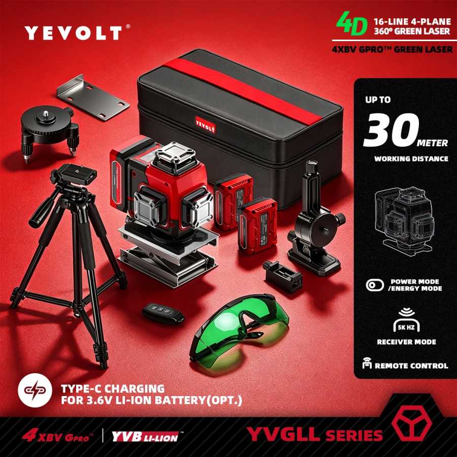 Лазерный нивелир YEVOLT 4D 16 линий, зеленый луч, для точного измерения в помещениях, для самостоятельной установки книжных полок, настенной плитки и других проектов Инструменты для измерения и анализа