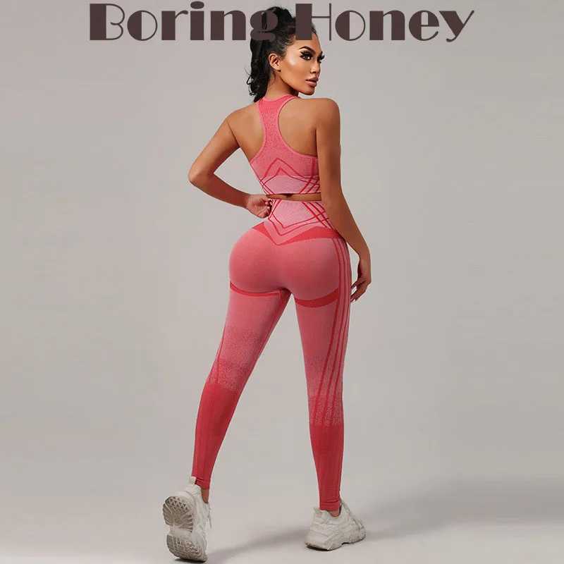 Новый бесшовный бюстгальтер с градиентом Boring Honey, топ с нагрудной подушечкой, женские брюки с высокой талией для тренировок, фитнеса, йоги, костюм для бега для йоги Леггинсы