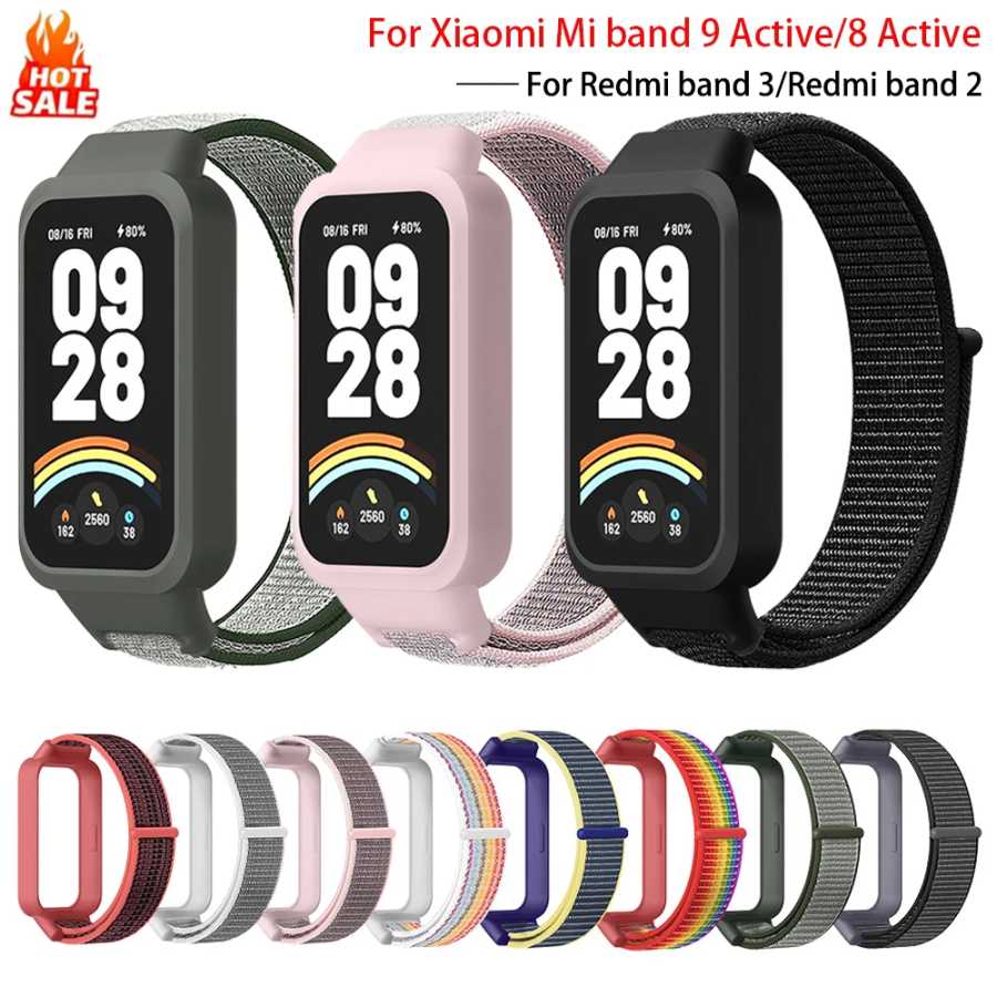 Нейлоновый ремешок-петля + чехол для Xiaomi Smart Band 9/8 Active, спортивный браслет + защитный бампер-корпус для Redmi Band 3/2 Аксессуары для часов