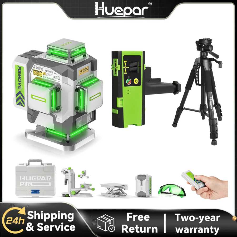 Лазерный нивелир Huepar ZK04CG 4D высокой точности &plusmn;2мм/10м, самовыравнивающийся, с перекрестными линиями, в комплекте со штативом и приемником Инструменты для измерения и анализа