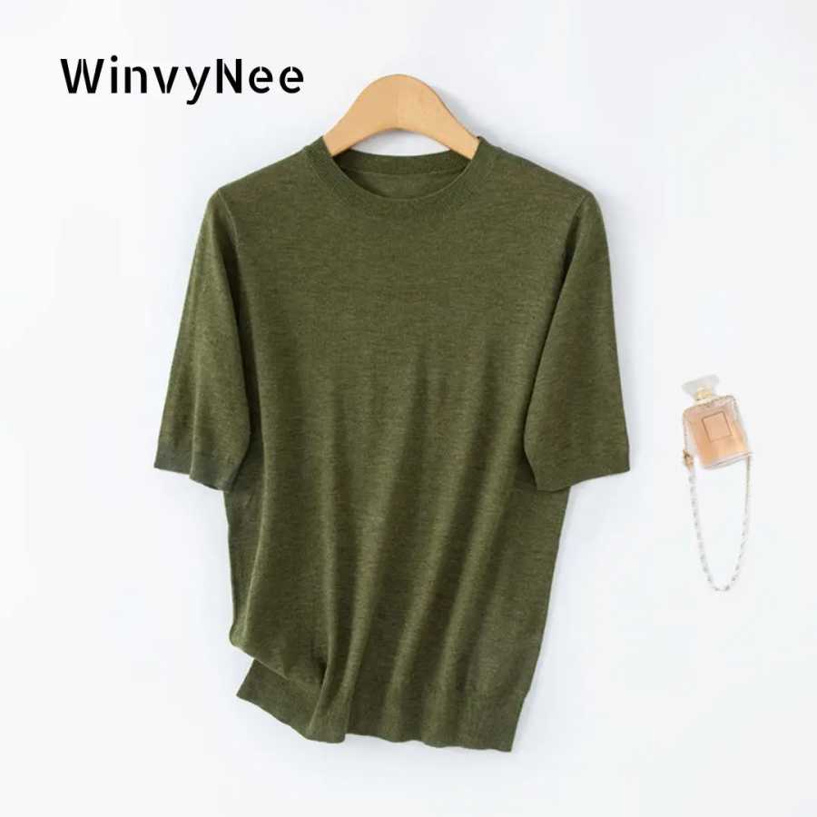 Женский пуловер WinvyNee из камвольной шерсти с круглым вырезом, однотонный, с коротким рукавом, весна-осень, классический, шикарный, легкий, базовый, A1757021A Свитеры и джемперы
