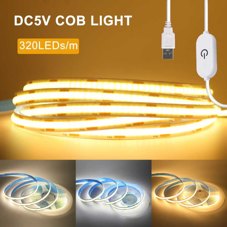 Светодиодная лента COB 5В USB с сенсорным диммером, гибкая диодная лента 320 светодиодов/м, для внутреннего освещения, линейная подсветка для комнаты, DIY, подсветка для ТВ Светодиодная подсветка