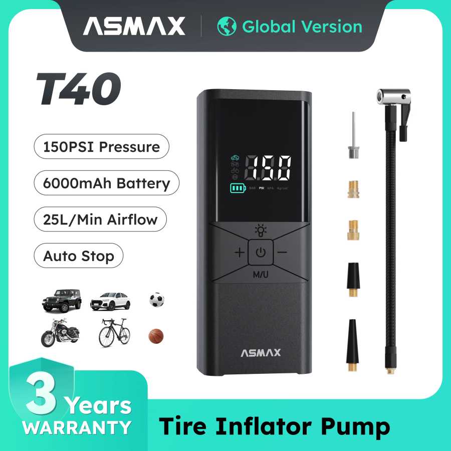 ASMAX T40 Портативный электрический компрессор 150 PSI, беспроводной насос для шин автомобиля, мини воздушный насос с цифровым дисплеем, автоотключение, быстрая накачка Аксессуары для мотоциклов