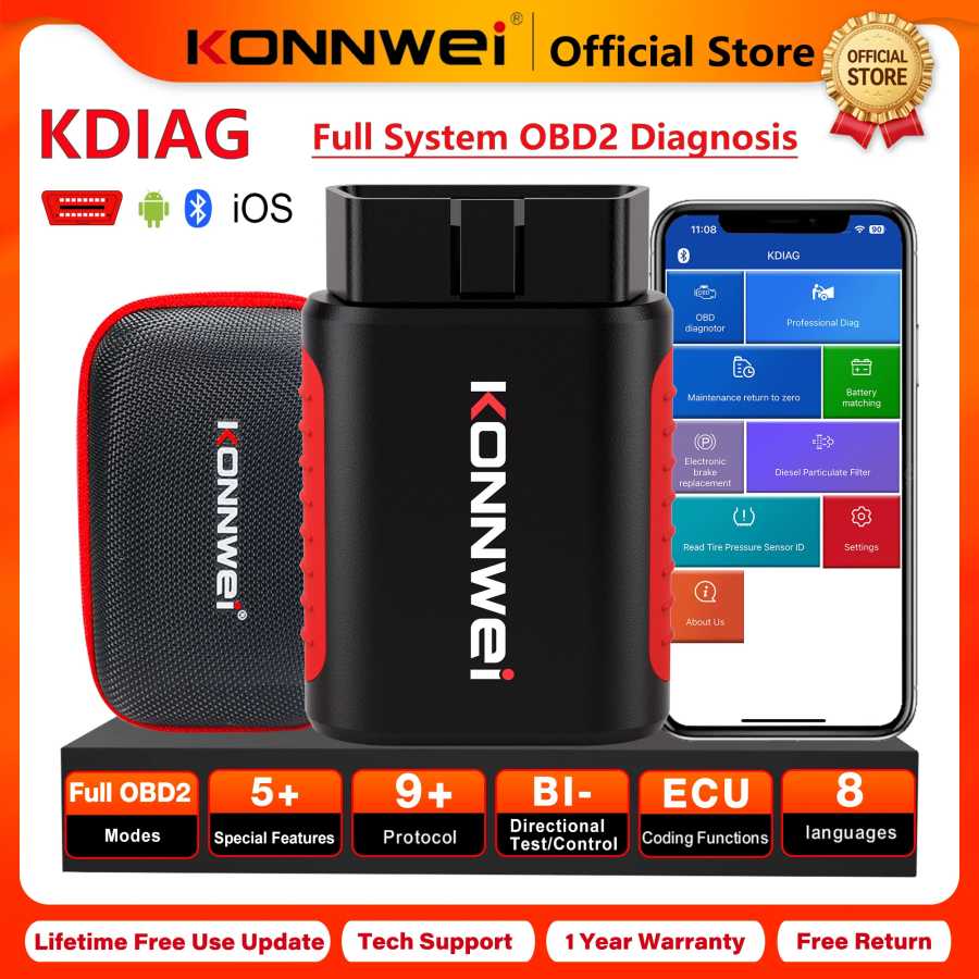 Диагностический сканер KONNWEI KDIAG 2026 для автомобилей (OBD2, Bluetooth): диагностика всех систем, чтение и удаление кодов, сброс EPB, DPF, масла, SRS, SAS, TPMS, датчиков Инструмент для ремонта автомобилей