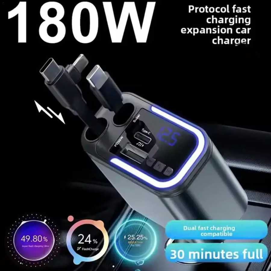 Автомобильное зарядное устройство 5 в 1, выдвижное USB C, автомобильный адаптер для быстрой зарядки 180 Вт с атмосферной подсветкой для IPhone, iPad, Android Электротехническое оборудование