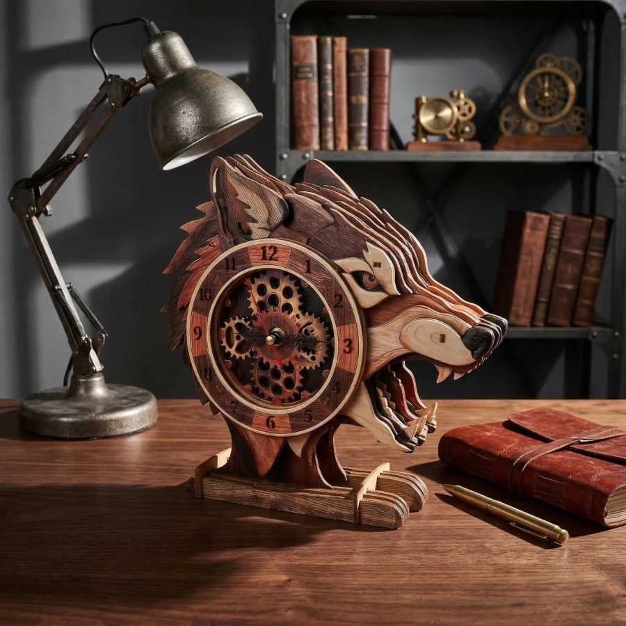 Фотография №5 товара Креативный красочный 3D-пазл из дерева в виде волка: часы, украшение