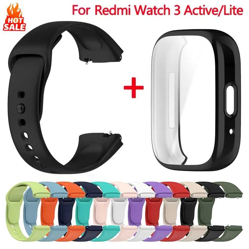 Силиконовый ремешок + чехол для Xiaomi Redmi Watch 3, активный ремешок, аксессуары для умных часов, спортивный браслет для Redmi watch3 Active/Lite, чехол Аксессуары для часов
