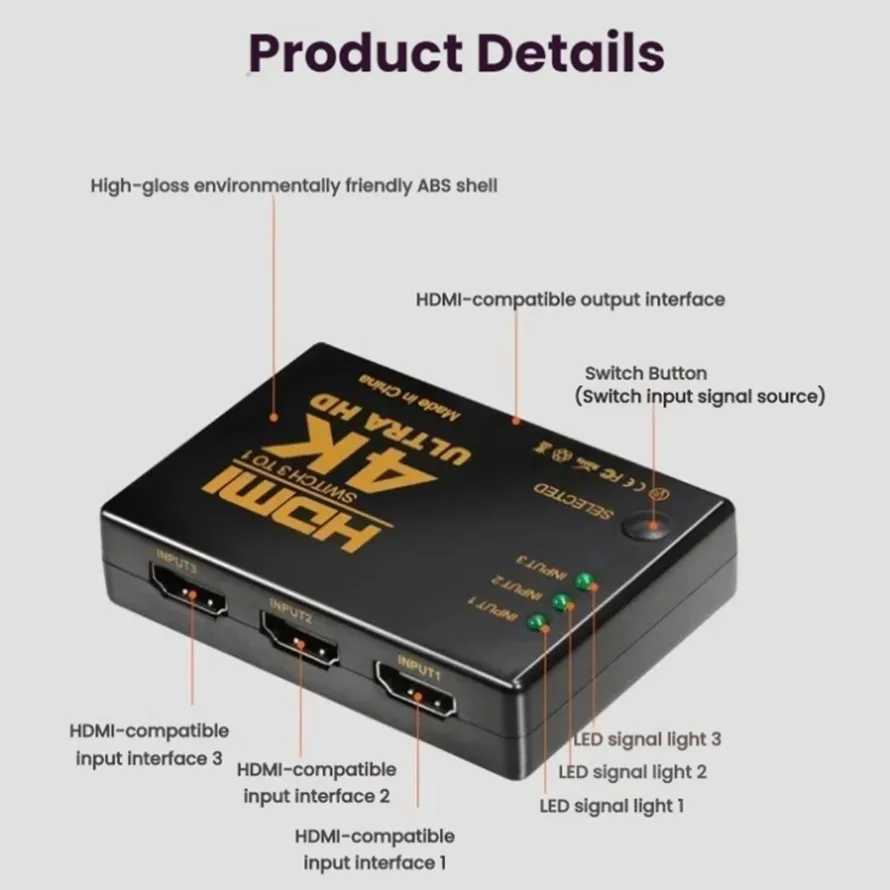 Фотография №5 товара 3-портовый HDMI-совместимый переключатель 4K 3D HDMI-совместимый коммутатор VIdeo 3 входа