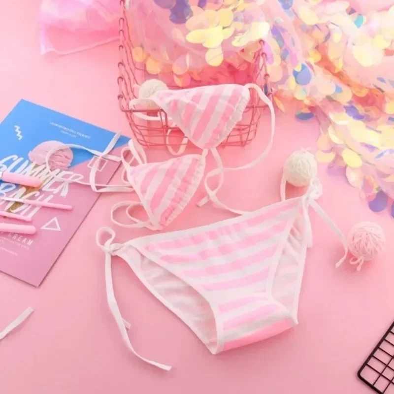 Японское сексуальное женское белье Лолита Kawaii синее розовое белое полосатое мини-бикини для взрослых косплей женский бюстгальтер комплект нижнего белья Frenum купальник Костюмы для косплея