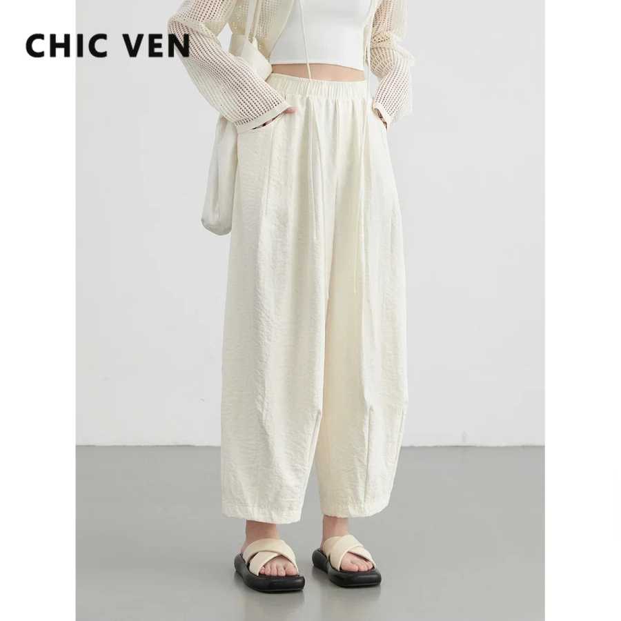 Женские белые брюки CHIC VEN, однотонные повседневные плиссированные широкие брюки с эластичной резинкой на талии и высокой талией, женские брюки, складная летняя одежда 2025 г. Брюки и бриджи
