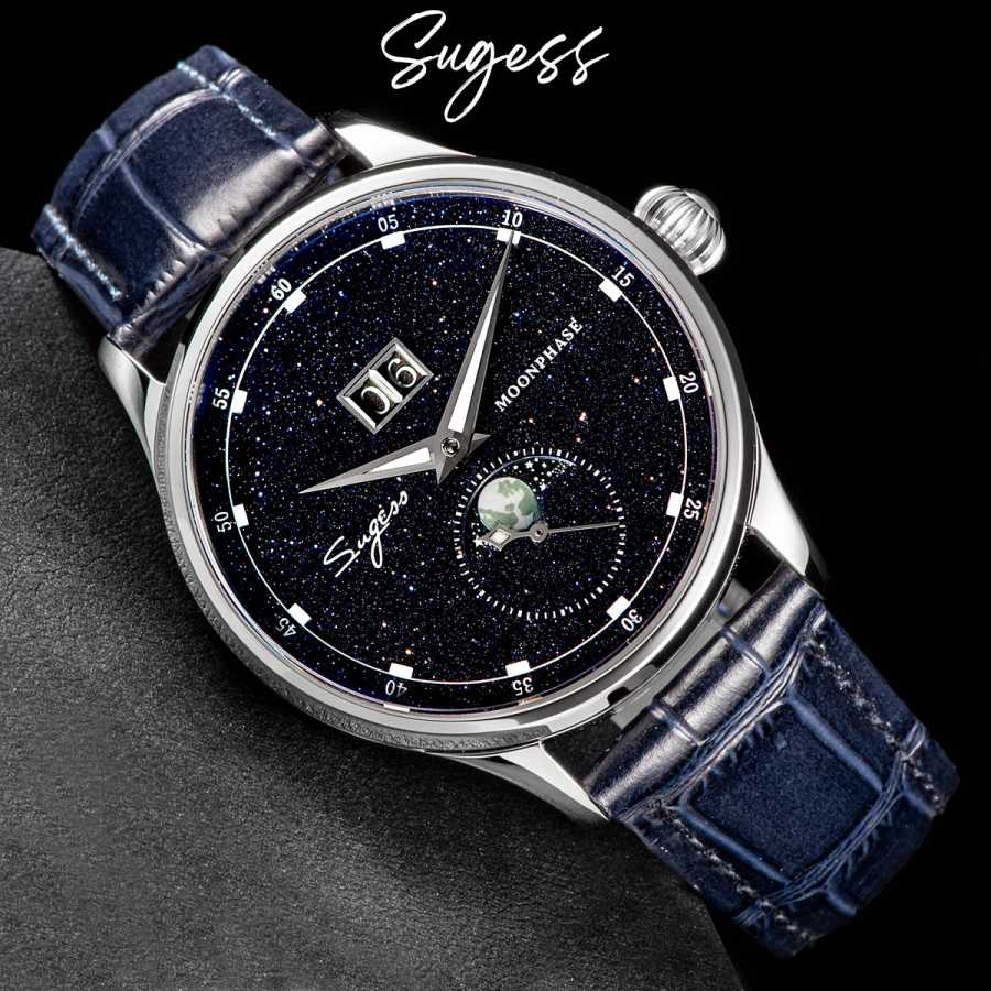 Мужские часы Sugess, ограниченная серия, лунный фаз, 316L нержавеющая сталь, драгоценный камень, звезды, циферблат, подарок V3 Мужские часы