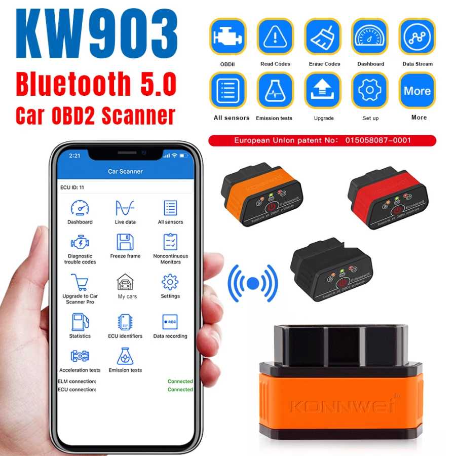 Автосканер KONNWEI KW903 ELM327 v1.5 Bluetooth 5.0 OBD2 для Android/iOS, считыватель кодов OBD 2, автомобильный сканер ICar2 PIC18F25K80 (2026) Инструмент для ремонта автомобилей