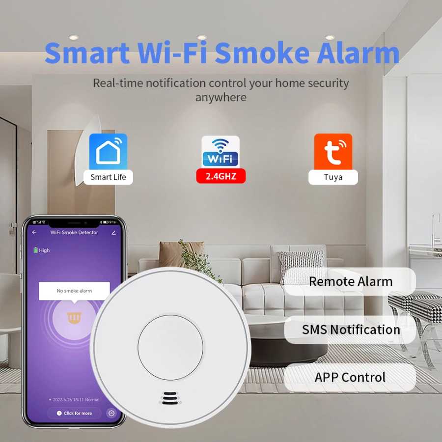 Умная сигнализация дыма с Wi-Fi, 10 лет работы, пожарная сигнализация с детектором дыма Tuya & SmartLife для дома, соответствует EN14604 VS01W Умные системы общественной безопасности