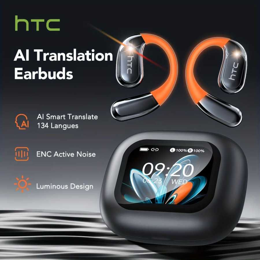 HTC NE27 Беспроводные наушники Bluetooth 5,4 AI-переводчик Наушники Светящиеся ушные крючки Модернизированный сенсорный ЖК-экран ENC Шумоподавление Портативное аудио и видео