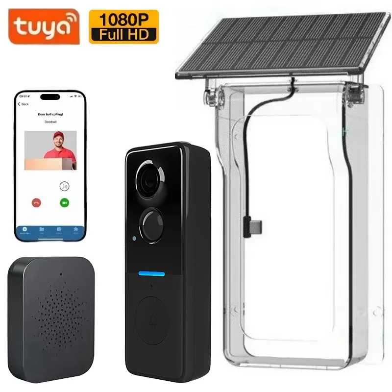 Tuya открытый беспроводной дверной звонок солнечная крышка 1080P видеодомофон двустороннее аудио обнаружение движения глазок дверная камера Wi-Fi дверной звонок Доступ к автоматизации здания