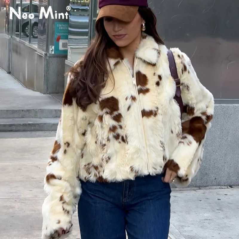 Neo Mint Chic Street Girls Fur Coat с коровьим принтом для женщин 2025 Зимняя новая брендовая модная теплая куртка из искусственного меха Осенняя культовая уличная одежда Одежда из меха