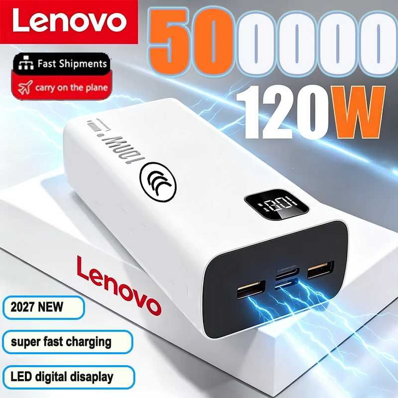 Портативный внешний аккумулятор Lenovo 500000 мАч, 120 Вт, сверхбыстрая зарядка, большая емкость, зарядное устройство Powerbank для Xiaomi iPhone Аксессуары для мобильных телефонов
