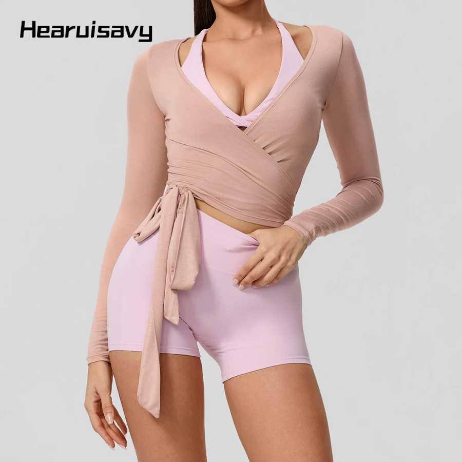 Летняя женская футболка Hearuisavy для йоги с длинным рукавом, спортивная одежда для зала, дышащий быстросохнущий спортивный топ для пилатеса, танцев, балета, облегающий топ Спортивная одежда