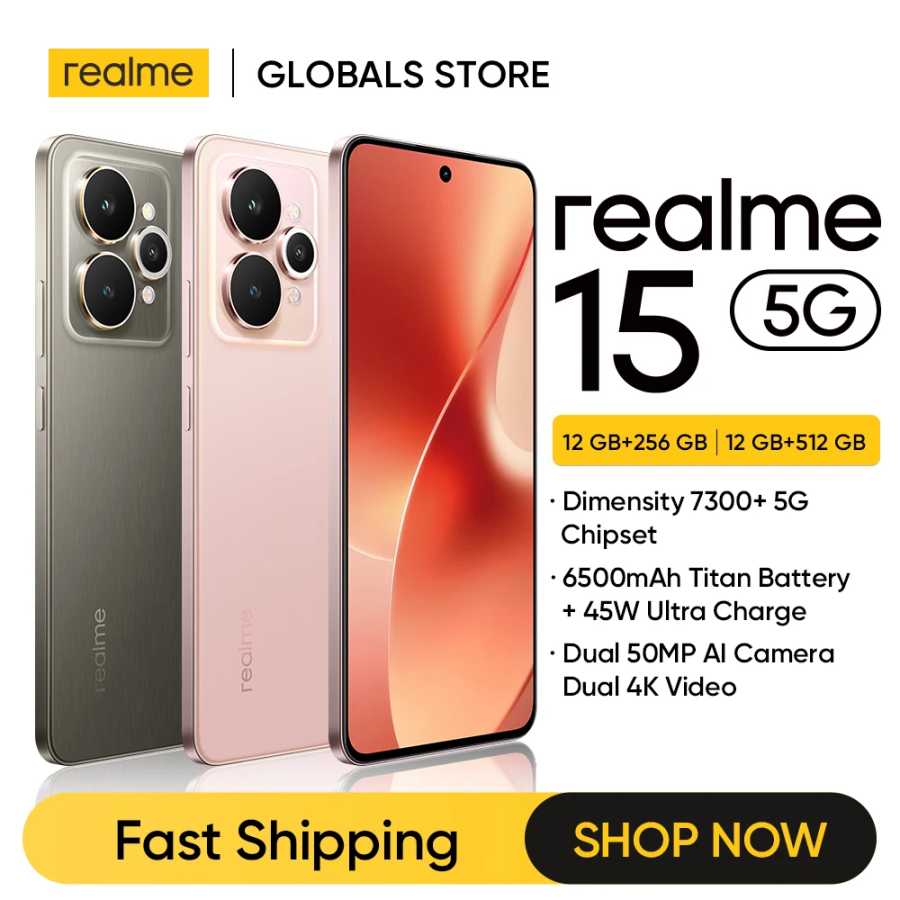 Смартфон realme 15 5G Чипсет Dimensity 7300+ 5G Аккумулятор 7000 мАч Зарядка 80 Вт 6,8-дюймовый AMOLED-дисплей с частотой обновления 144 Гц Двойная камера 50 Мп с искусственным интеллектом Двойная видеосъемка 4K NFC Мобильные телефоны