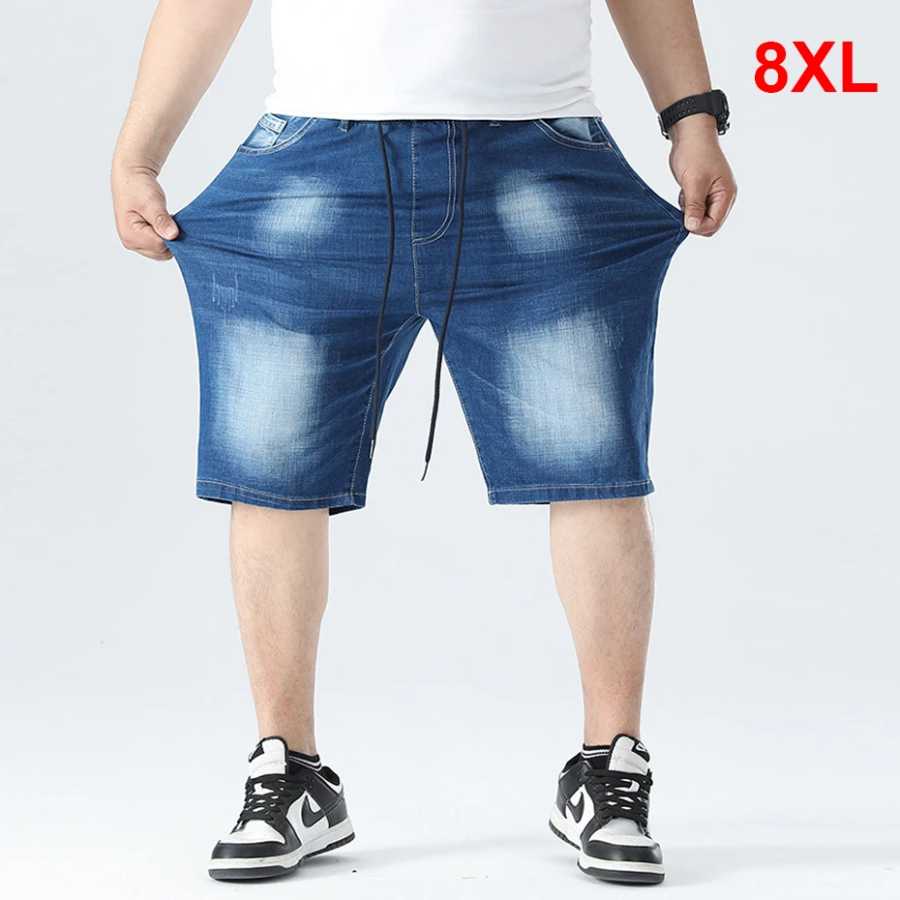 Джинсовые шорты размера плюс 8XL, мужские летние джинсовые шорты с эластичной резинкой на талии, мешковатые шорты-карго, модные уличные короткие брюки, мужские большие размеры Шорты