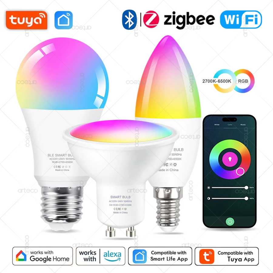 Лампа Tuya E27 E14 GU10 WIFI Zigbee Bluetooth, умная светодиодная лампа с регулируемой яркостью 2700-6500K RGB, светодиодная лампочка работает с Alexa Amazon Google Лампочки и световые трубки