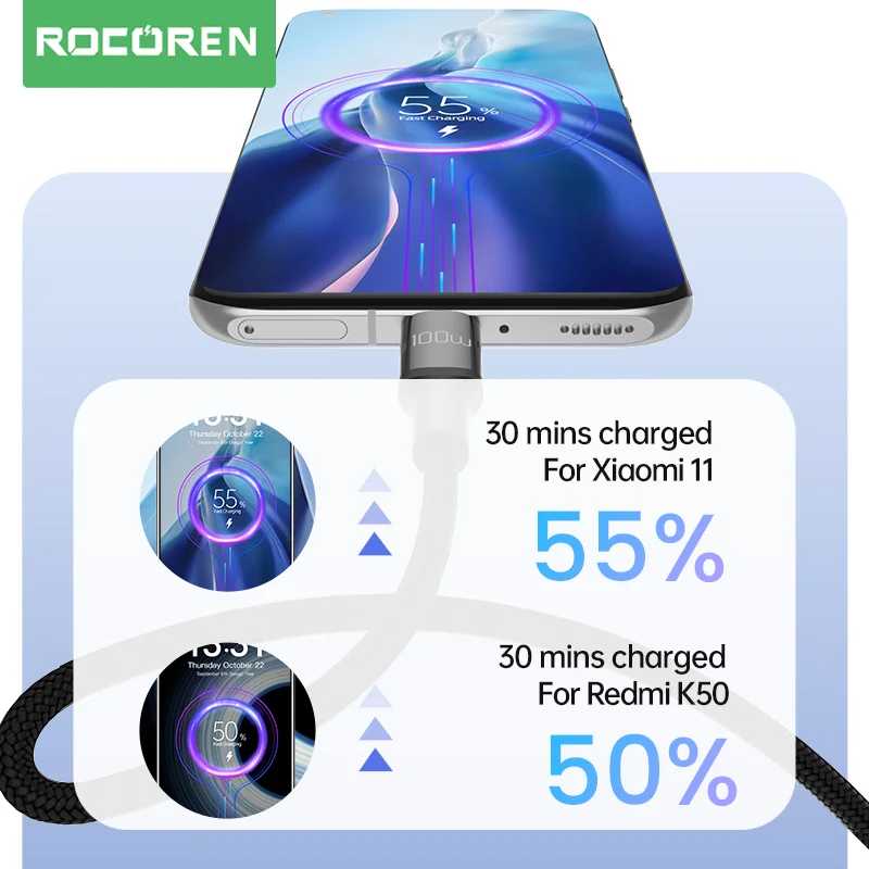 Фотография №2 товара Кабель Rocoren USB Type C 100 Вт, зарядный кабель для