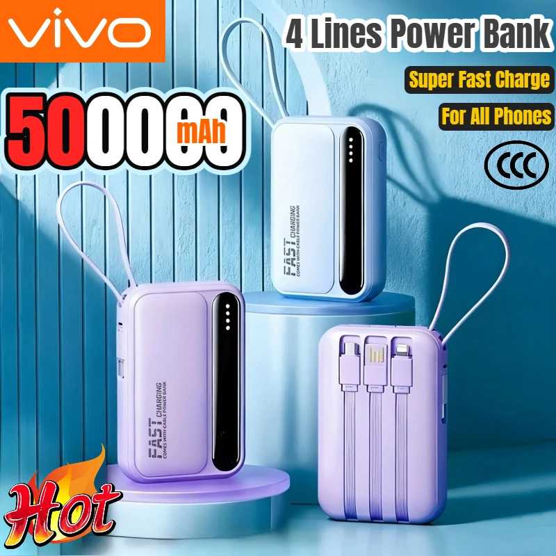 Внешний аккумулятор VIVO 500000 мАч большой емкости, сверхбыстрая зарядка, портативный, со встроенными 4 кабелями для всех телефонов Аксессуары для мобильных телефонов