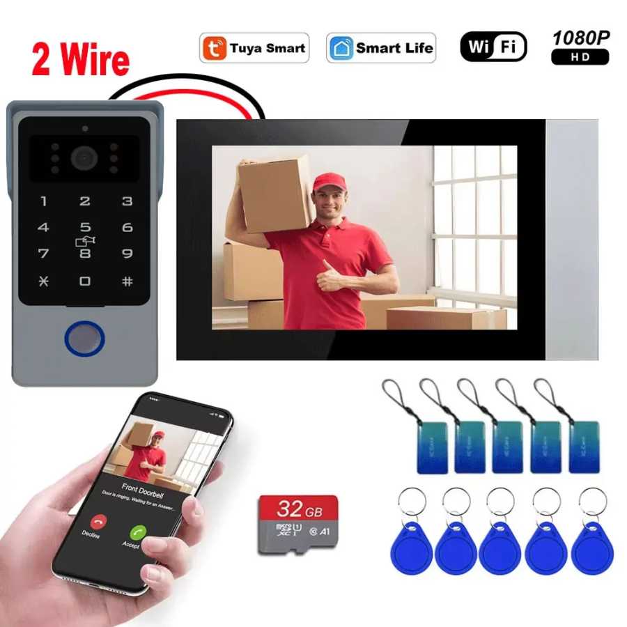 2-проводная система видеодомофона, 7-дюймовый сенсорный экран Wi-Fi 1080P, карта 32G, код пароля, разблокировка IC-карты приложений Tuya для домашней квартиры Доступ к автоматизации здания
