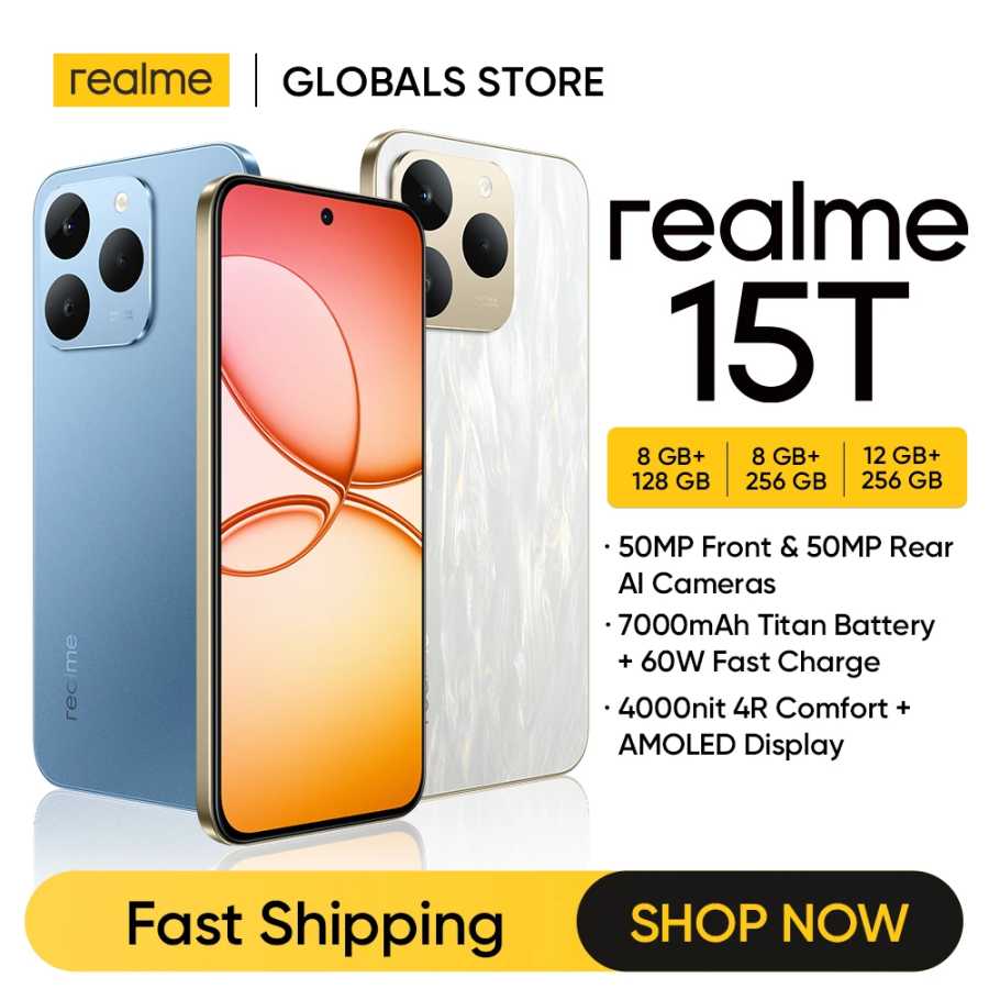 Смартфон realme 15T 5G Аккумулятор 7000 мАч Зарядка 60 Вт Основная и фронтальная AI-камеры 50 Мп Дисплей 6.57 дюймов AMOLED 4000 нит 4R Comfort+ Чипсет Dimensity 6400 Max 5G NFC IP69 Мобильные телефоны