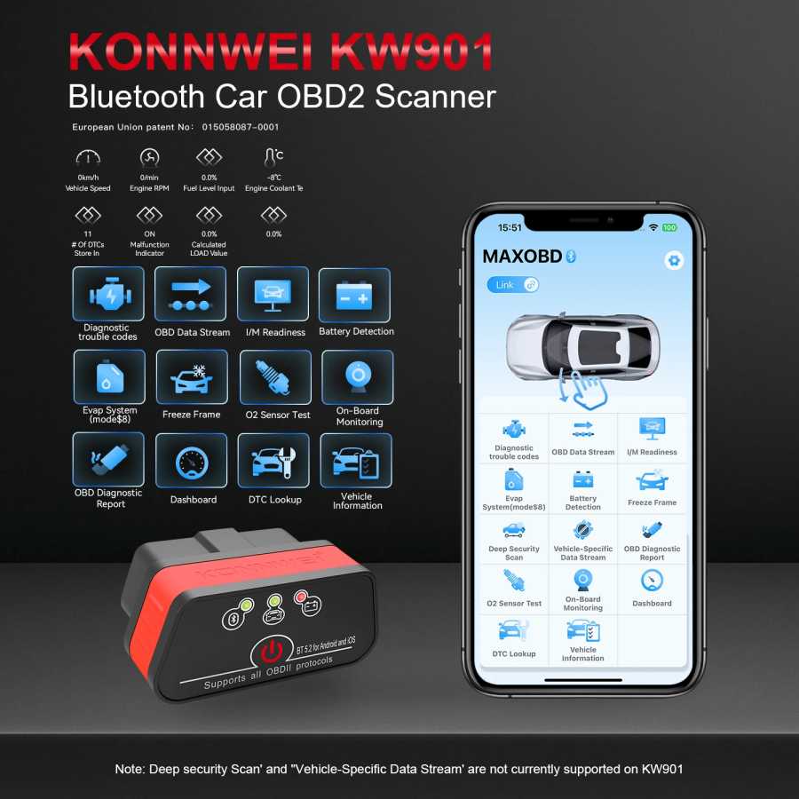 Фотография №1 товара 2026 KONNWEI KW901 ELM 327 OBD2 V1.5 Bluetooth 5.0 Автомобильный
