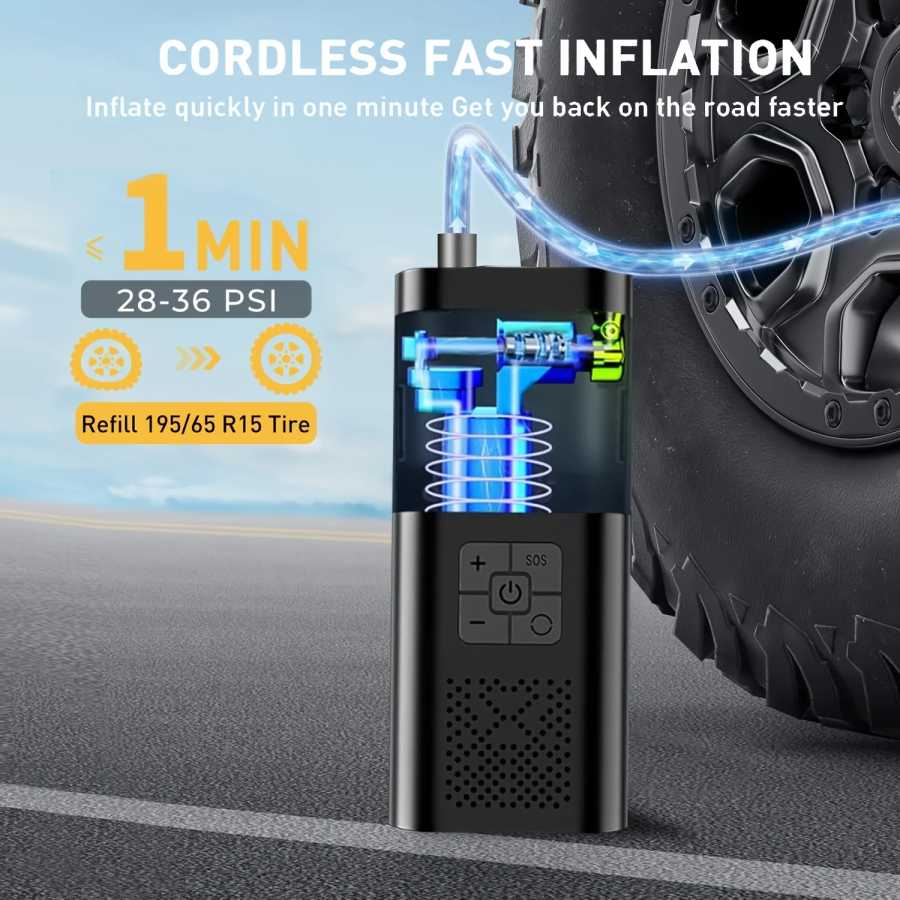 Фотография №1 товара Портативный автомобильный воздушный компрессор 3X Faster 150PSI Беспроводной насос для