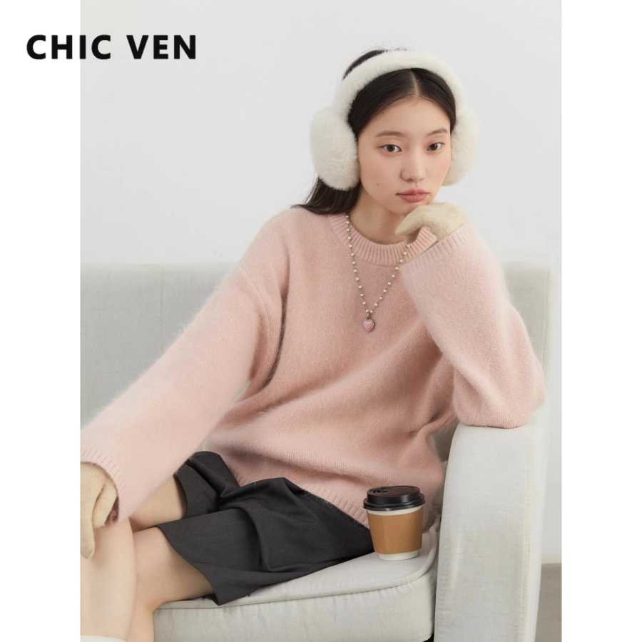 Женские свитера CHIC VEN, свободные повседневные свитера с круглым вырезом из кроличьей шерсти, пуловеры, однотонные вязаные джемперы, женский топ, осень-зима 2025 Свитеры и джемперы