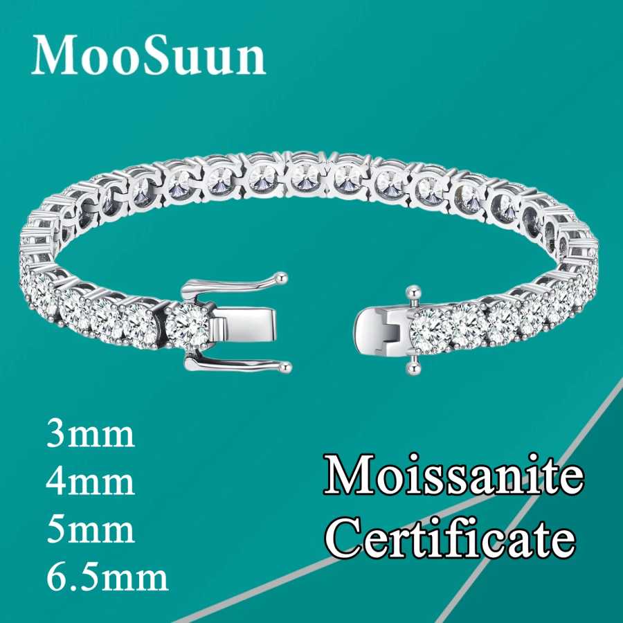 MooSuun 3 мм-6,5 мм теннисный браслет с муассанитом и бриллиантами для женщин и мужчин, роскошные ювелирные изделия, пропуск теста, стерлинговое серебро S925 Ювелирные изделия