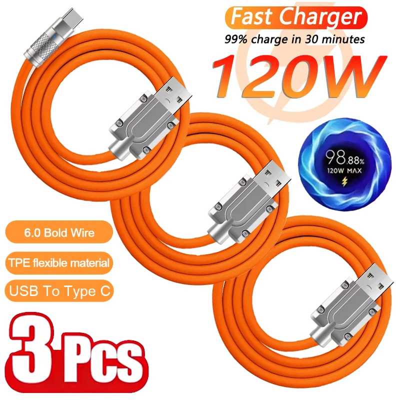 1/2 шт. 120W Сверхбыстрый зарядный кабель Type-C из жидкого силикона, USB-C зарядное устройство для Xiaomi, Huawei, Samsung, передача данных Аксессуары для мобильных телефонов