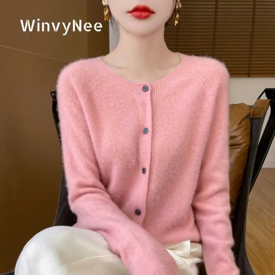 WinvyNee Женская одежда 100% теплая шерсть Повседневная однотонная с круглым вырезом Весна-зима Мягкий свитер Вязаные пальто Топы Кардиганы B1713008 Свитеры и джемперы