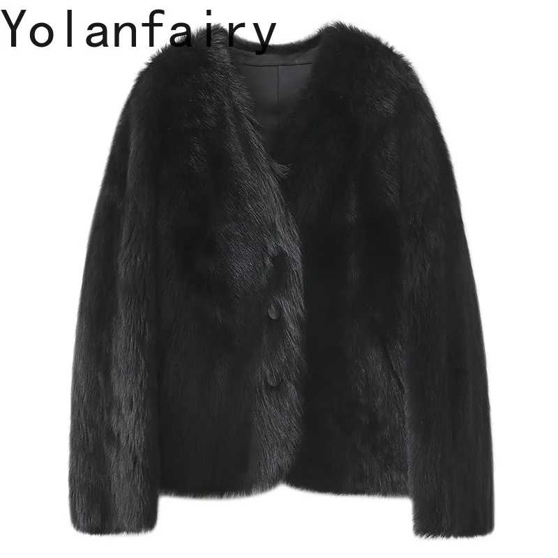 YOLANFAIRY Куртка из натуральной овчины для женщин, роскошная зимняя шуба из натурального меха, элегантное короткое кожаное пальто с V-образным вырезом Одежда из натурального меха