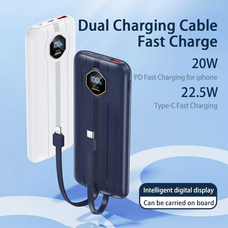 5 в 1 Power Bank 10000 мАч PD 20 Вт Быстрая зарядка Встроенный двойной кабель с интеллектуальным ЖК-экраном для iPhone 12-17 Huawei Xiaomi Аксессуары для мобильных телефонов