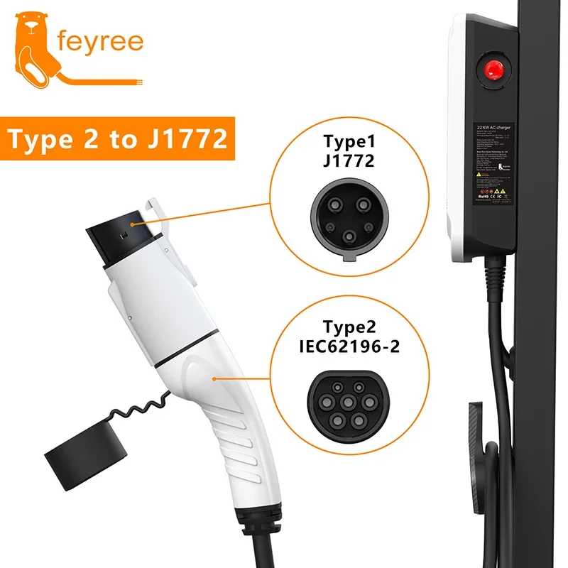 Адаптер для зарядки электромобилей Feyree: Type2 IEC62196-2 на Type1, зарядное устройство переменного тока, 32А, 1 фаза, 3.5кВт/7кВт макс. Новая Энергия транспортного средства Детали и аксессуары